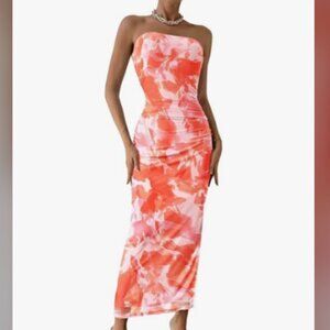 Orange/Pink Floral Strapless Dress